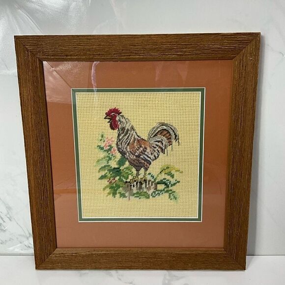 VINTAGE Custom Framed Needlepoint Rooster - Picture 1 of 4